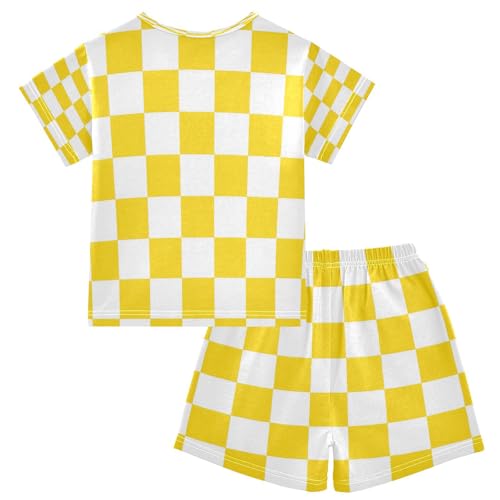 senya Short Sleeve Pajamas Sets Summer Cotton Sleepwear Yellow and White Checkered2