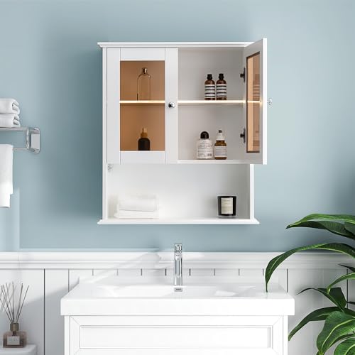 HIGEINE Bathroom Wall Cabinets with Glass Doors,Wall Mounted Medicine Cabinet, Over The Toilet Storage Cabinet for Bathroom Bedroom Living Room Fully Assembled (Black)