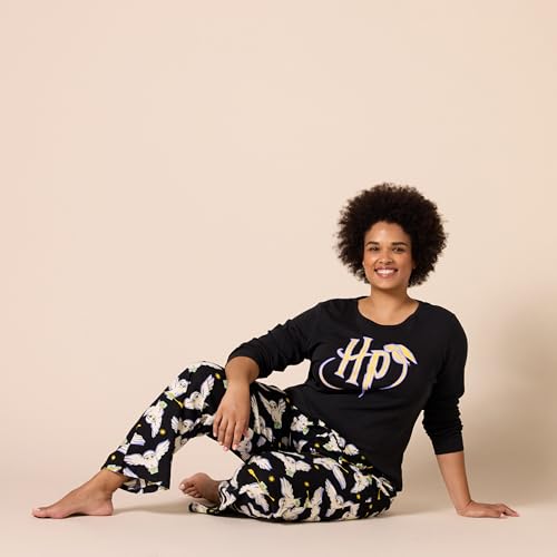 Amazon Essentials Damen Schlaf-Set leichte Flanellhose und langärmeliges-T-Shirt, Harry Potter Hedwig – Damen, XXL