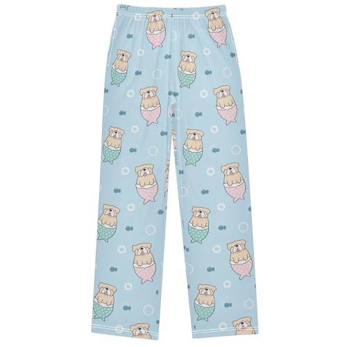 Boy's Lounge Pants Cartoon Bulldog Mermaid Light Blue Kids Jogger Pants Elastic Long Bottoms with Pockets 6-14 Years