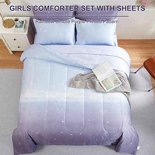 Image of Dinjoy Girls Comforter Set Full Size Colorful Ombre Purple Rainbow Bedding Set Bed in A Bag for Kid Teen Girls 7 Pieces (1 Comforter, 1 Flat Sheet, 1 Fitted Sheet, 2 Pillow Shams, 2 Pillowcases)
