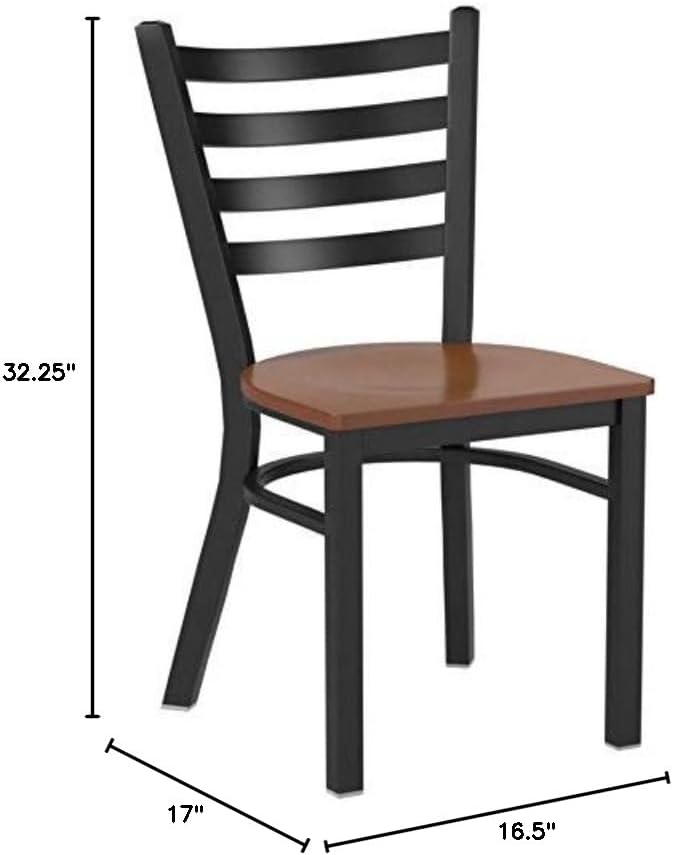 Miniatura 3 de Flash Furniture HERCULES Series - Silla de restaurante de metal con respaldo de escalera negra, 2 unidades, asiento de madera de cerezo