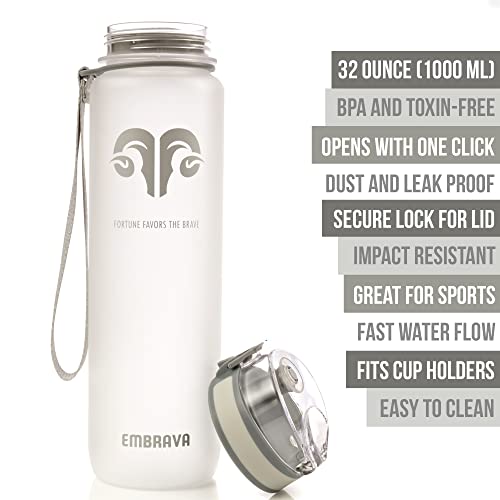 Embrava Best Sports Water Bottle - 32Oz Large - Fast Flow, Flip Top Leak Proof Lid W/One Click Open - Non-Toxic Bpa Free & Eco-Friendly Plastic - For Men & Women #TOP4