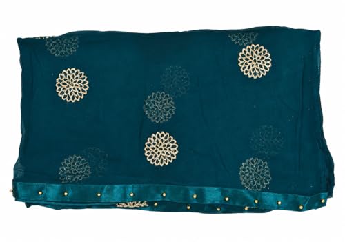 Image of YOUTHQUAKE Golden Floral Embroidery Work Chiffon Dupatta for Womens & Girls with Fancy Moti Lace