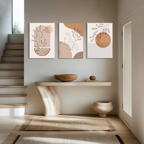 SERIMINO Boho Framed Wall Art Set of 3, Minimalist Wall Decor Living Room, Geometric Line Leaf Sun Moon Canvas Artwork Paintings for Bathroom, Home Decor Print, 12"x16"