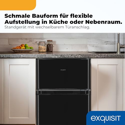 Exquisit Kühlschrank mit Gefrierfach klein, 85 l, Mini Kühl-Gefrierkombination schwarz, 4-Sterne-Gefrierfach -18°C, LED, leise 40 dB, 85 x 47,5 x 50,5 cm