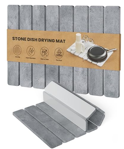 CHROME CLUB Stone Drying Mat for Kitchen Counter - Collapsible Diatomaceous Earth Dish Drying Stone - Fast Absorbent Stone Dish Drying Mat for Dishes, Pots, Plants (Gray)