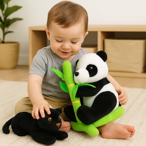 Image of Animal Plush Toy Combo ? 25cm Black Panther & 30cm Panda with Bamboo | Soft Stuffed Animal Toy Set for Kids | Jungle Theme Birthday Gift for Boys & Girls