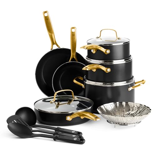 Comparison: Best Blue Diamond Cook Ware 9 Blue Diamond 14 Piece Induction Nonstick Cookware Set, Diamond Infused PFAS-Free Ceramic Nonstick Pots & Pans, Durable Metal Utensil Safe, Dishwasher Safe, Oven & Broiler to 600F, Black/Gold