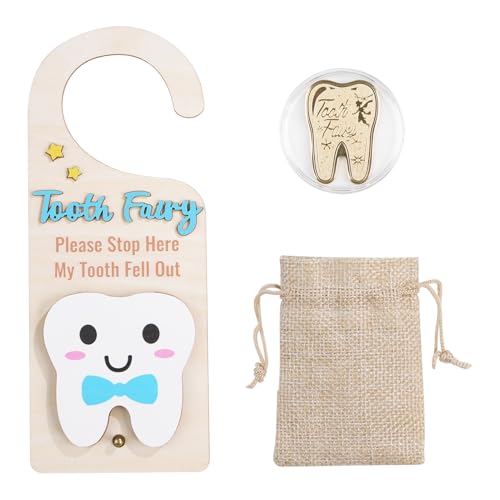 Image of Tooth Fairy Door Hanging Tooth Fairy Storage Bag One Tooth Fairy Coin Keepsake Wooden Tooth Holder with Money Slot to Commemorate Your Child's First Lost Tooth, Tooth Fairy Gift(Blue)