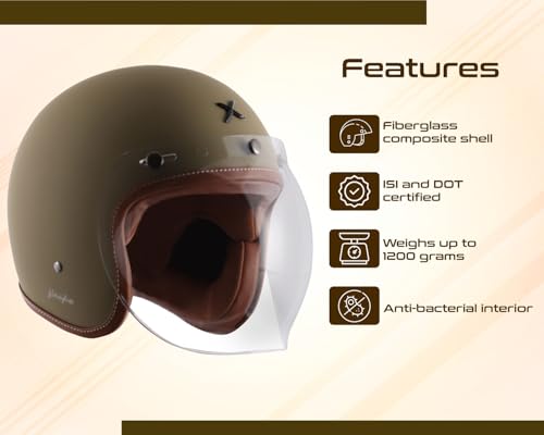 Image of Axor Retro Jet Leather ISI and DOT Certified Matte Finish Open Face Helmet for Men and Women with Clear Visor- Dull Desert Storm -M