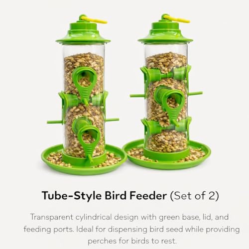 Image of rizopets Hanging Need Hut Shape Bird Feeder,6 Feeding Nozzles Green, Transparent Tube,Perch Feeder for Outdoor Garden,Balconies Pack of 2