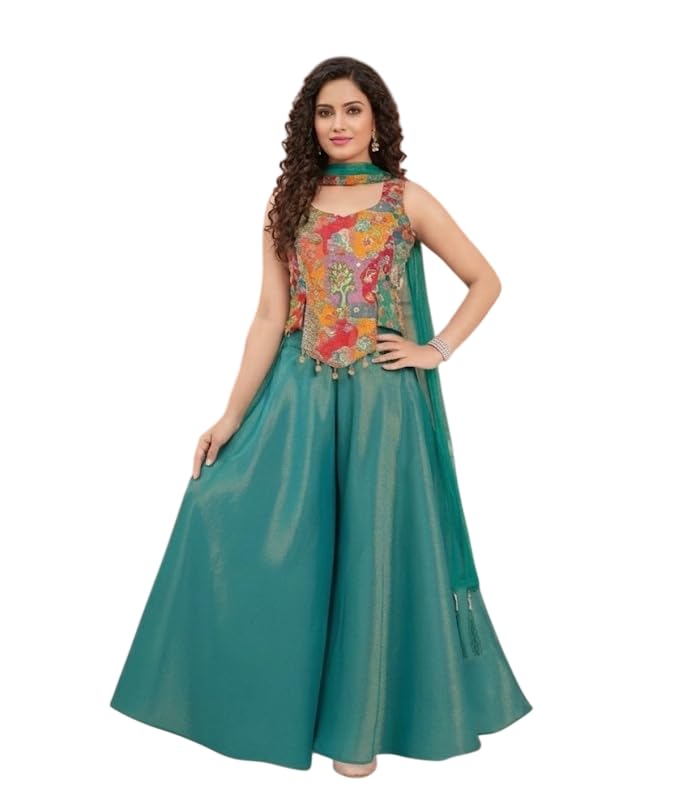 ufb Women's Teal Croptop and shrara Suit Floral Embroidered With Dupatta, Indian Ethnic Wear-picture-44