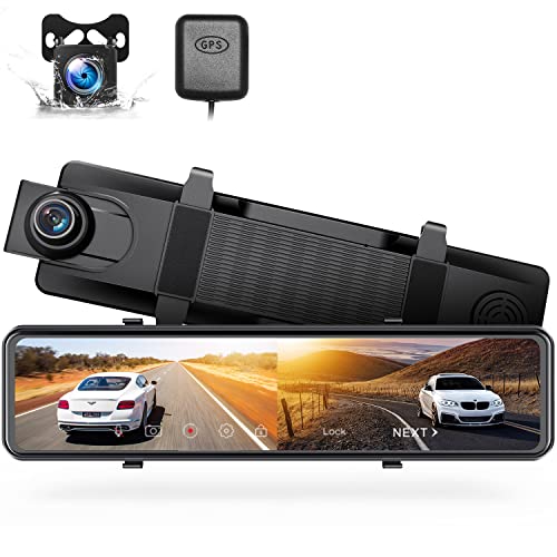4K Mirror Dash Cam 12  GPS Voice Control Rear View Mirror Camera 2160P+1080P Dash Cam Front and Rear Touch Screen Backup Camera, Night Vision Reverse Car Camera w Parking Mode