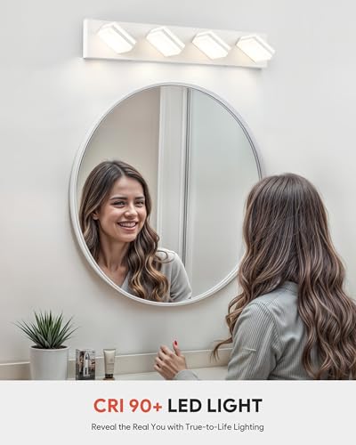 Image of VONLUCE Bathroom Vanity Light Fixture, 4-Light Modern LED Vanity Light, 3CCT Adjustable Bathroom Lights with Memory Function Rotatable Shades, 26 inch Wall Lighting Fixture Over Mirror, Matte White