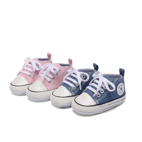 Image of Unisex Baby Boys Girls Shoes, Newborn Infant Non-Slip Canvas Denim High Top Sneakers, Toddler First Walkers Shoes
