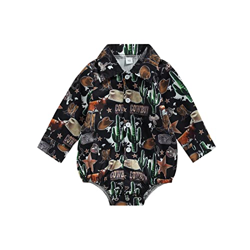 Image of Karuedoo Western Baby Boy Clothes Cow Print Shirt Romper Infant Long Sleeve Button Down Bodysuit Onesie Gentleman Outfit (Black, 3-6 Months)