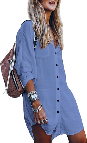 Image of POGTMM Women's Swimsuit Cover Up 3 /4 Sleeve Button Down Shirt Dress