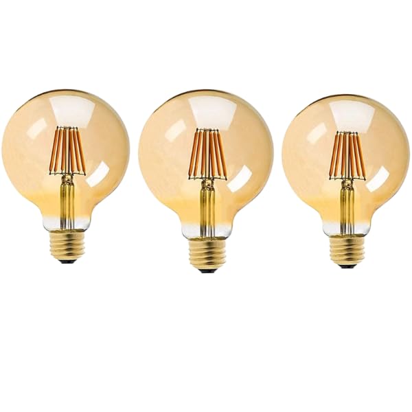 Image of Vintage Edison G125 LED Filament Bulb 6W, Amber Glass Globe (125mm) - Warm White, E26 /E27 Base for Home, Cafe & Decorative Lighting, Pack of 3