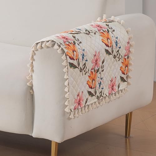 Image of HOKIPO Painterly Floral Quilted Sofa Armrest Cover - 1 Pair | 'Tassel Twigs' Series (IN-987-T8*2)