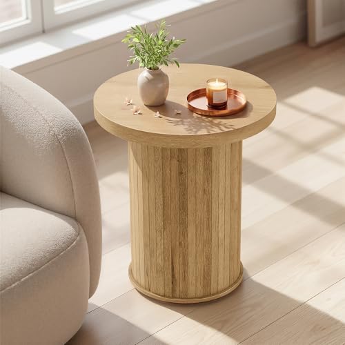 VASAGLE Round Side Table Tambour End Table Mid Century Modern Nightstand Easy Assembly for Small Spaces Living Room Bedroom Home Office 17.7 x 19.7 Inches Natural Brown ULET295K101