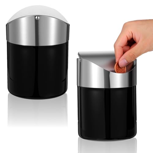 Image of Set of 2 Small Trash Can with Swing Lid - Black Stainless Steel Mini Garbage Can with Lid, Compact 4.72 inch x 4.72 inch x 6.3 inch Countertop Waste Bin for Office, Bathroom & Kitchen