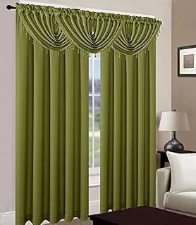 Leah 5 Piece Woven Textured Curtain Set with Beaded Austrian Valances, 84" Long (Sage Green)