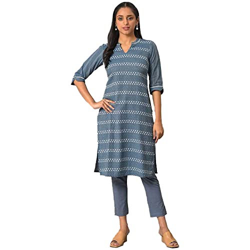 Image of Aurelia Women's Cotton Straight Fit Straight Solid Regular Floral Printed Kurta