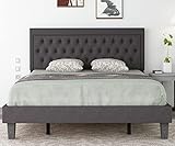 Benevika Queen Size Upholstered Platform Bed Frame with Linen Fabric Button Tufted Headboard, Wood S