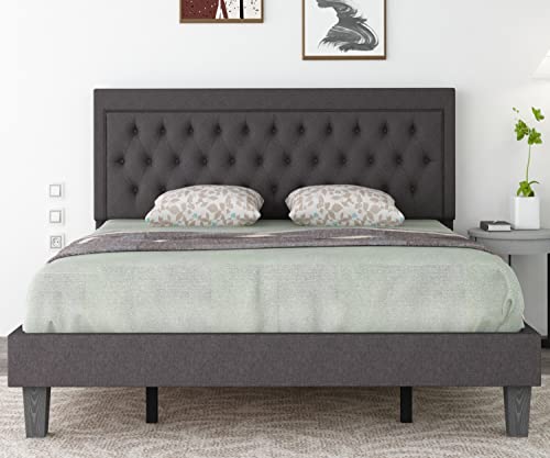 Benevika Queen Size Upholstered Platform Bed Frame With Linen Fabric Button Tufted Headboard, Wood Slat Support, Upholstered Mattress Foundation, No Box Spring Needed, Easy Assembly, Grey #TOP7