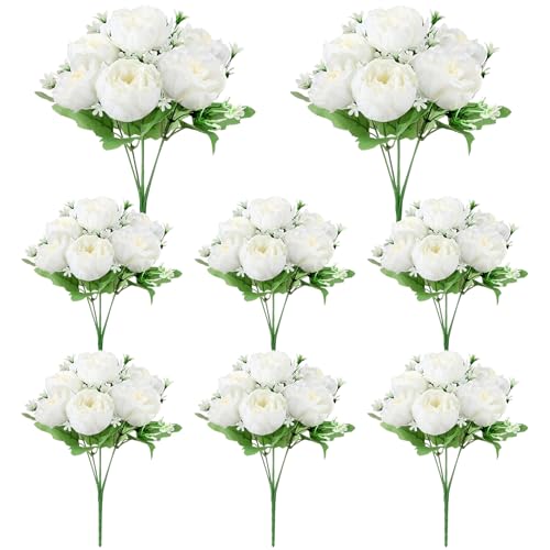 Image of 8 Pack White Peonies Artificial Flowers, Fake Silk Hydrangea Bouquet for Bridal Wedding Home Table Decor Reusable Dining Opening Ceremony Birthday Arrangement Faux Floral