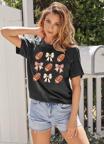 Football Shirts for Women Game Day Outfits Funny Bow Graphic Tee Sport Mom Short Sleeve4
