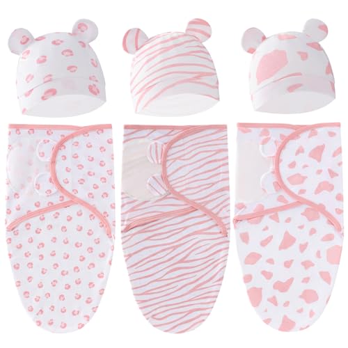 Image of Huuflyty Baby Swaddle, Swaddle Blanket, Swaddle Sack, Organic Nursery Swaddling Blankets 0-3 Months, Adjustable Newborn Swaddle Wrap Infant Sleep Sacks and Hat set (Pink)