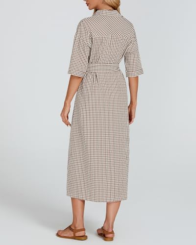 Women's Half Sleeve Plaid Midi Dress Collar V Neck Belted Casual Button Down Long Loose Dress4