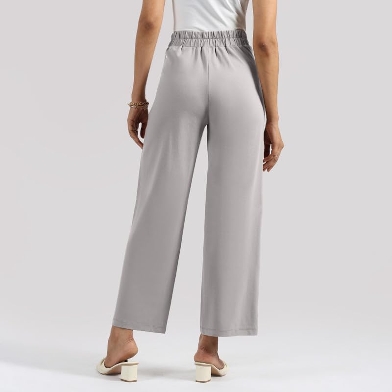 Image of BlissClub Women AM PM Cotton Wide Leg Pants | Wide Waistband | High Rise | Drawstring | 2 Pockets