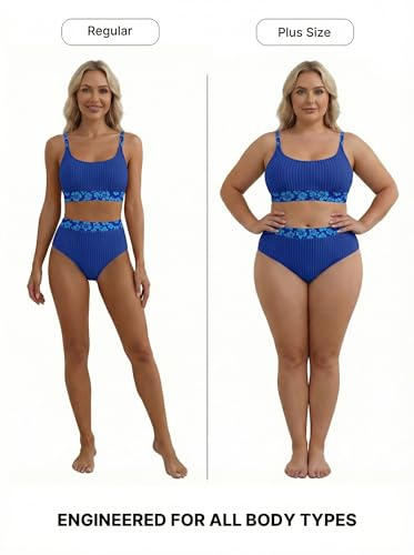 Image of Herseas Women's Textured Bikini Sets Floral Print Trim Scoop Neck Swimsuits High Waisted Bathing Suits