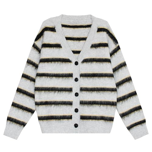 Men's Vintage Stripe Print Cardigan Sweater Long Sleeve V Neck Streetwear Sweater Knit Loose Fit Casual Sweaters