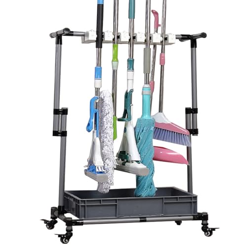 SnamicE Support de Balai et de serpillière Commercial Support de Balai et de serpillière Mobile au Sol Chariot de Nettoyage sur Roues Support de Parapluie pour Garage de Jardin,