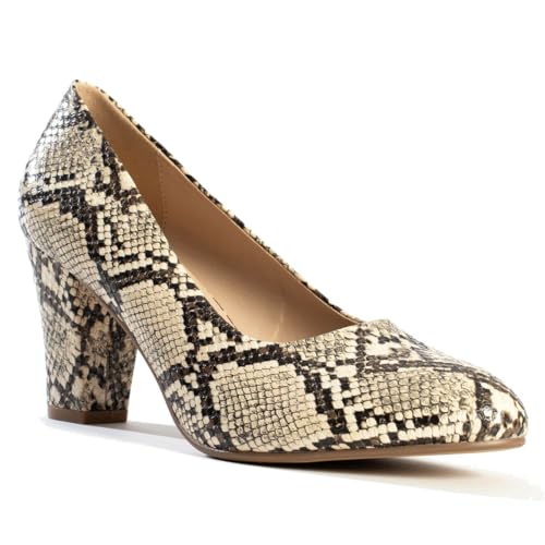 SHODENSE Women Vintage Chunky Kitten Heel Pumps Shoes Round Closed Toe Slip On Dress Sandals High Block Heels Formal Work Shoes Ladies Snakeksin Crocodile Suede Evening Party Shoe Retro 4-11 M US4