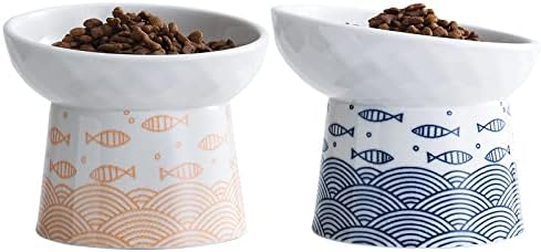 Ceramic Raised Cat Bowls, Elevated Tilted Cat Food and Water Bowls Set, Porcelain Stress Free Pet Feeder Dish for Cats and Small Dogs, Dishwasher and Microwave Safe, Set of 2
