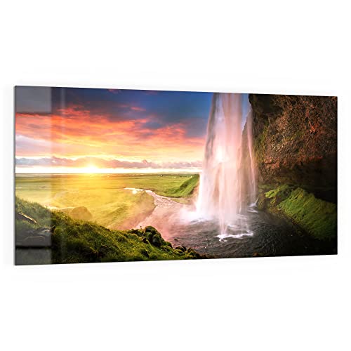 DEQORI Panel posterior de cocina de cristal, diseño 'Seljalandsfoss cascada', 100 x 50 cm, pared trasera para baño o cocina, protección contra salpicaduras para cocina y baño, decoración moderna para