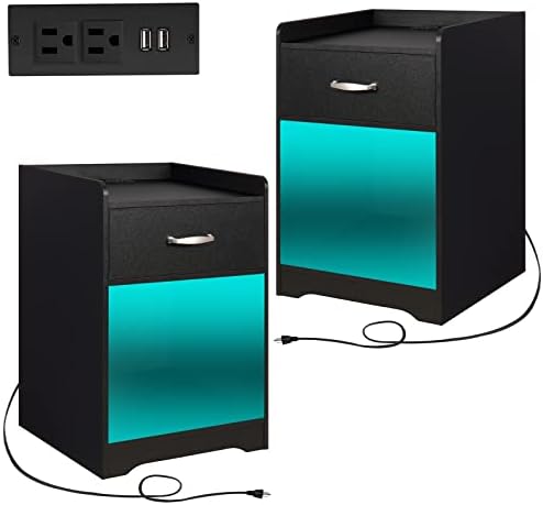 WEENFON Nightstands Set of 2, Nightstand with Charging Station and LED Lights, Night Stand with Drawer and Storage Shelves, Modern End Tables, Bedside Table for Bedroom – Black