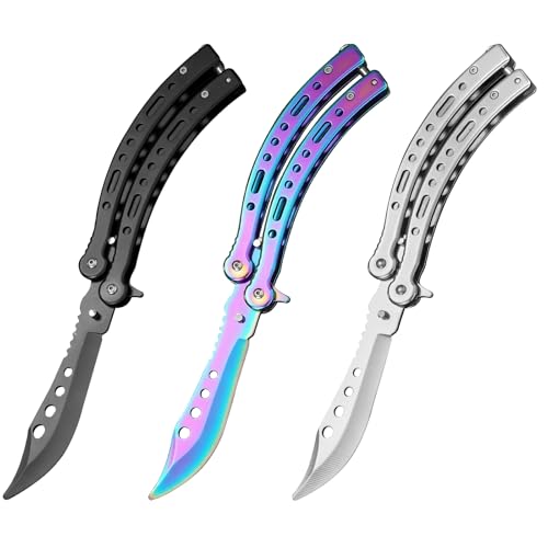 Sporgo 3 Stück Butterfly Messer: Biegen Butterfly Trainer zum Üben Ungeschärfte Klinge Edelstahl Butterfly Knife Trainer für Trainingsmesser AnfäNger-Der Flipping Tricks üBt (Schwarz + Weiß+ Farbe)