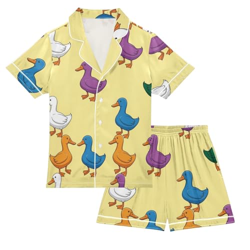 Satin Pajama Sets Short Sleeve Colorful Ducks on Yellow Button Down Silky Nightwear 2 Piece PJS 5-14Y