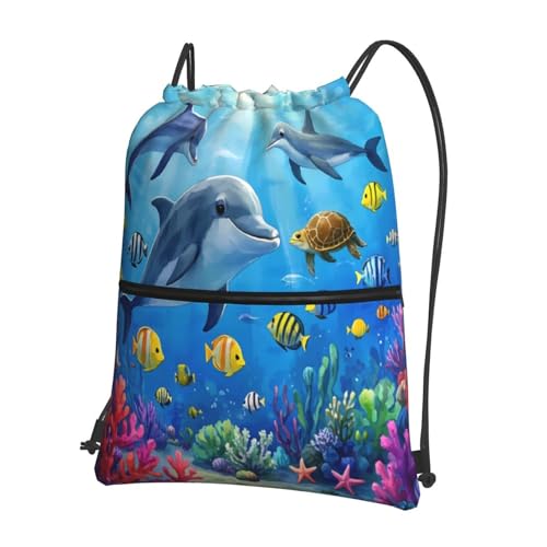 Colorful Underwater Dolphins Blue Gym Drawstring Bags Stylish String Bag Beach Backpack For Sport2