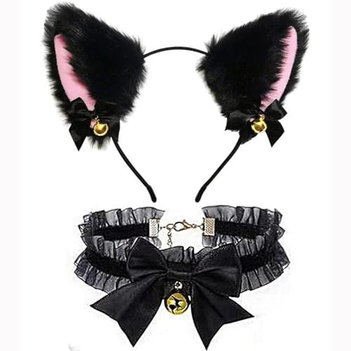 Katzenohren Haarreif 2 Stücke Katzenohren Stirnband Cosplay Plüsch Haarreifen mit Glocke und Bowknot Katzen Ohren Stirnband für Halloween Karneval Party(Schwarz)