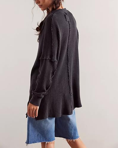 Image of LifeShe Women's V Neck Batwing Long Sleeve Sweaters Lapel Collared Oversized Waffle Knit Side Slit Pullover Tops
