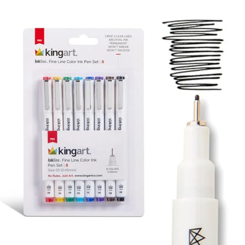 KINGART PRO Inkline Color Micro Line & Precision Graphic Pens, 8 COLORS Size 05 (0.45 mm) Nibs, Archival Waterproof Japanese Ink for Art, Illustration, Lettering, Anime, Technical Drawing, Manga