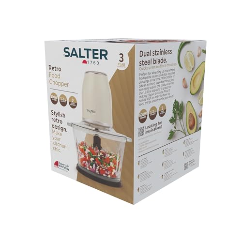 Salter Retro Cream Food Chopper - Electric 1.2 Litre, 2 Speed Settings, Dual Stainless Steel Blades, Anti-Slip Base, Make Dips, Salsa, Dressings, Fruit, Hummus & More, Baby Food Blender, 500 W