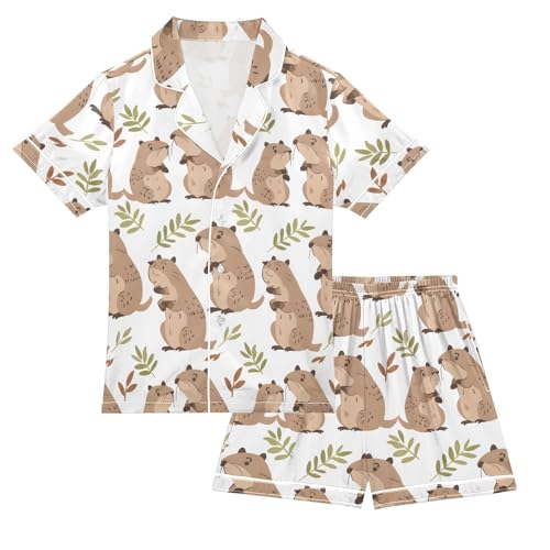 ALAZA Cute Capybara Leaf Animal Satin Pajamas Set Short Sleeve Button Down Sleepwear Summer Pjs 2 Piece